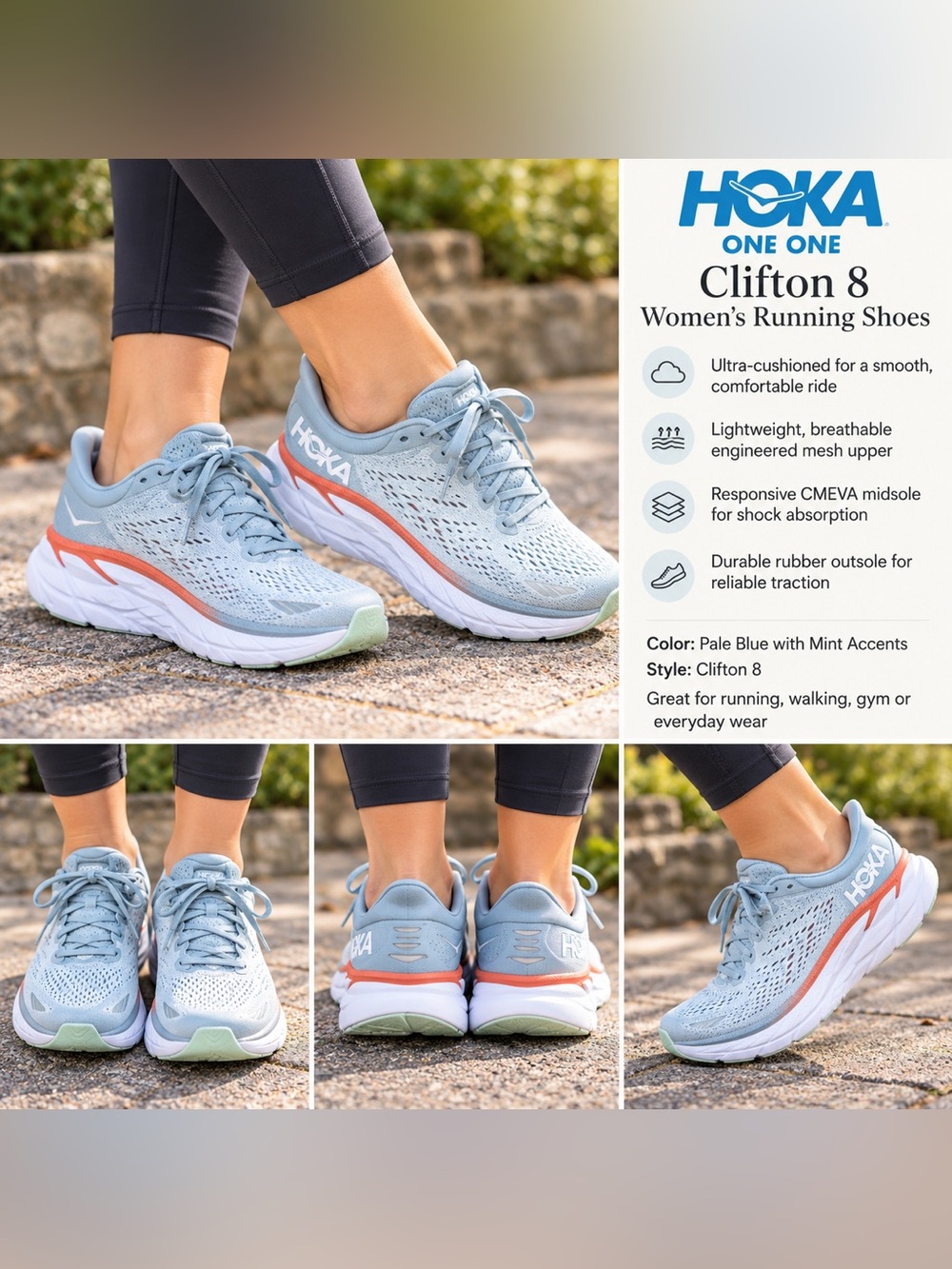 Hoka One One W Clifton 8 Women's Pale Blue Running Sneakers with Mint Accents